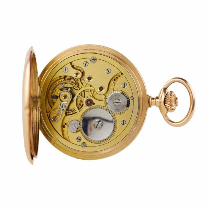 Gold, three-case, pocket watch with a chain and an erotic scene on the dial. 1900 