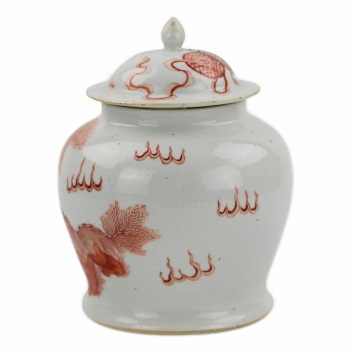Chinese Porcelain Vase, painted “iron red” overglaze dog Fo. Possibly Kangxi period. 