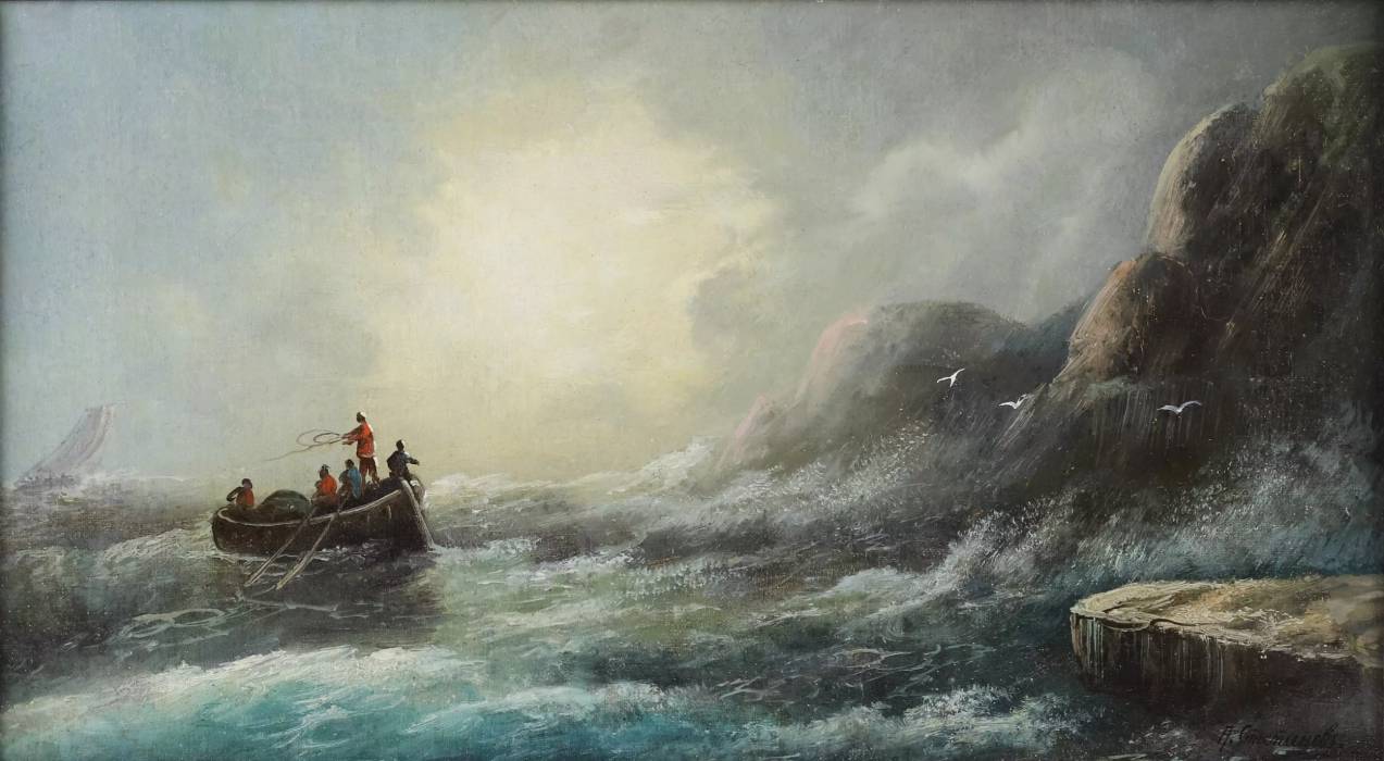 A. Stepanov. Paysage marin. Amarrer un navire dans une mer agitée. Deuxième moitié du 19ème siècle. 