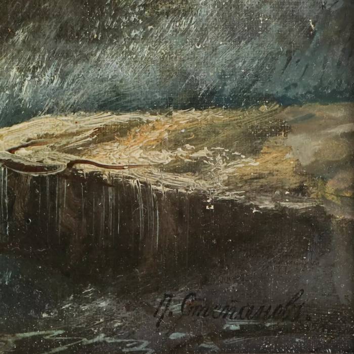 A. Stepanovs. Jūras ainava. Kuģa pietauvošanās vētrainā jūrā. 19. gadsimta otrā puse. 
