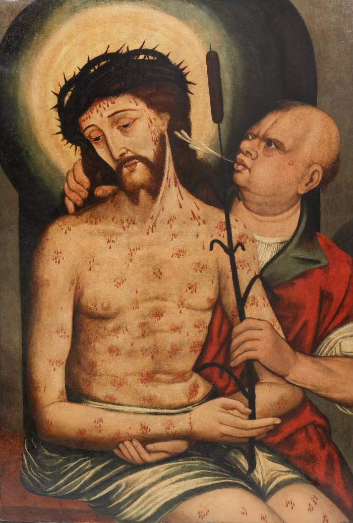 A chopped altar panel with a scene of the Laying of the Crown of Thorns. Ecce Homo, Castilian School. 16th century. 