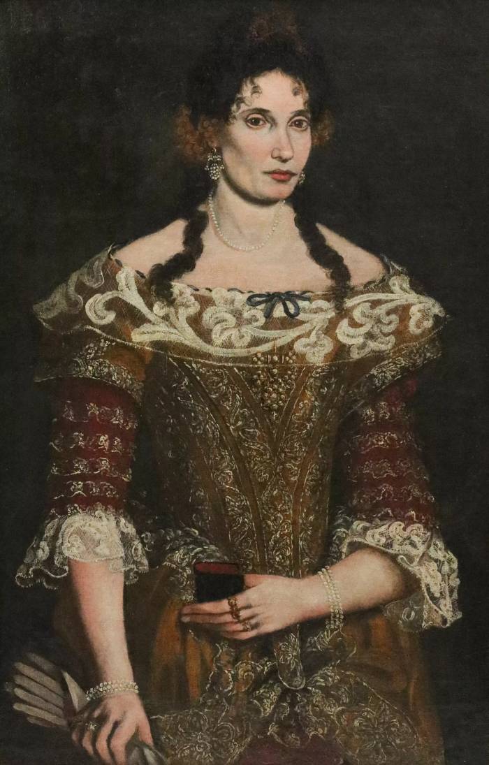Портрет знатной дамы в вишневом платье с перчатками и молитвенником. Рубеж 16-17 веков. 