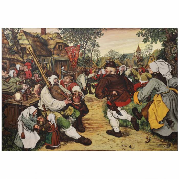 Painting Village holiday in the style of Bruegel. 20th century. 