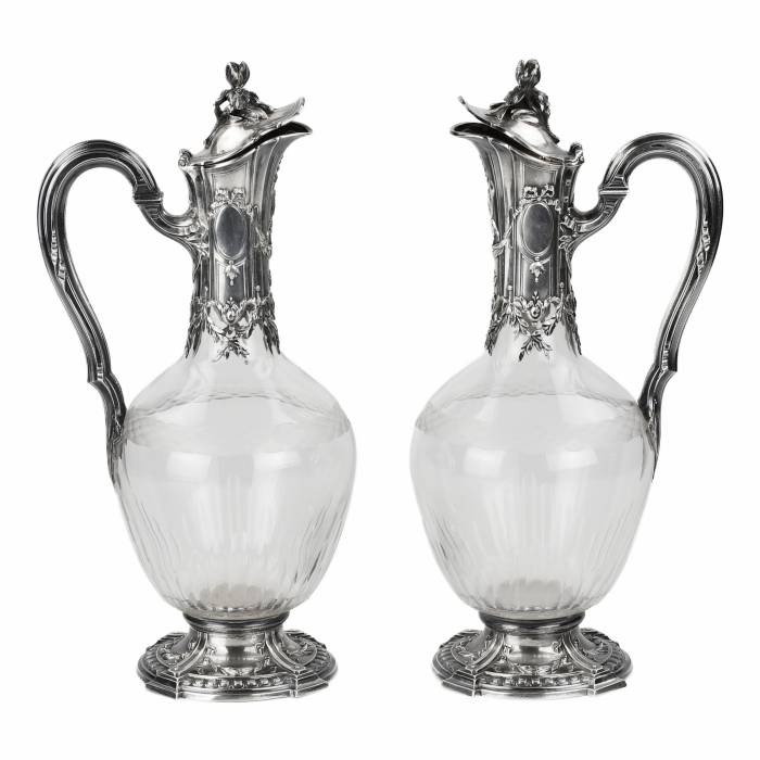 Pair of French glass wine jugs in silver. 19th century. 