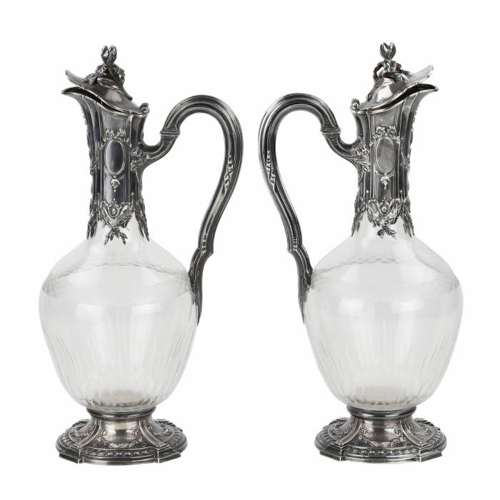 Pair of French glass wine jugs in silver. 19th century. 