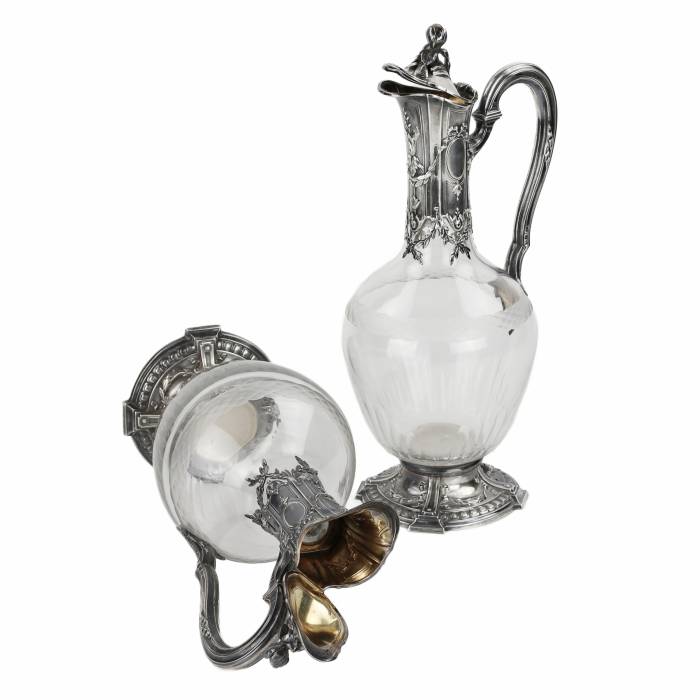 Pair of French glass wine jugs in silver. 19th century. 