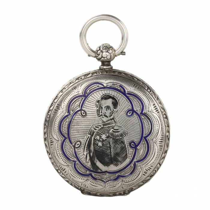 Sudraba kabatas pulkstenis ar imperatora Aleksandra II portretu. Šveices hronometrs. 19. gadsimts. 