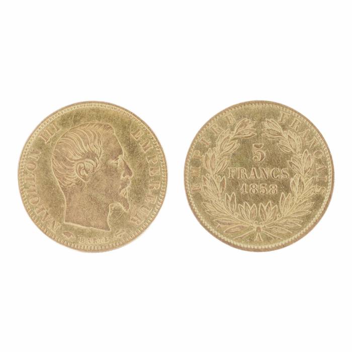 Zelta monēta 5 franki. Francija, 1858. gads. 