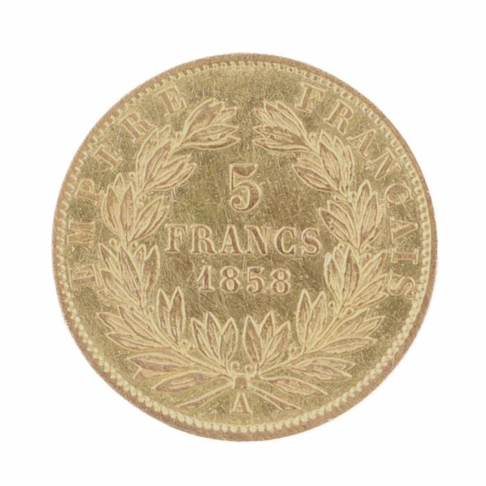 Zelta monēta 5 franki. Francija, 1858. gads. 