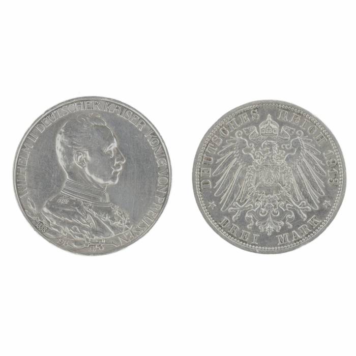 Pièce en argent de 3 marks. Allemagne 1913. 