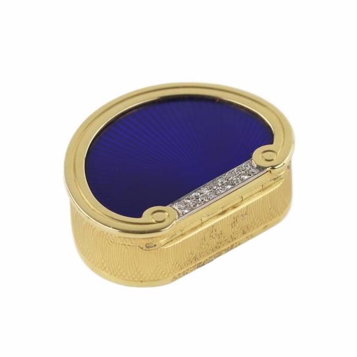19th century English gold pill box with diamonds and guilloché enamel.