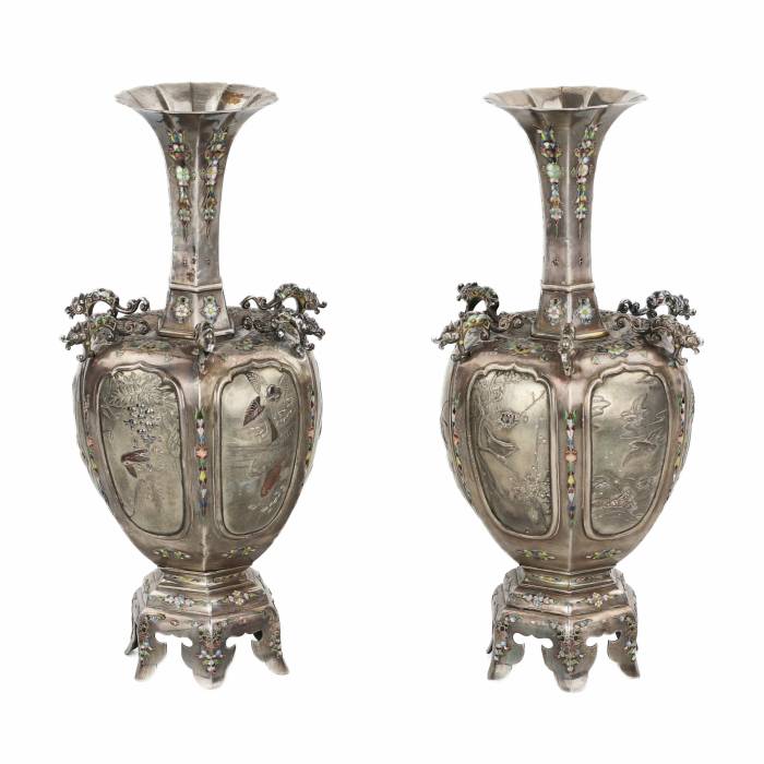 PAIR OF JAPANESE SILVER VASES WITH ENAMEL JAPAN, TURN OF THE 19TH–20TH CENTURY