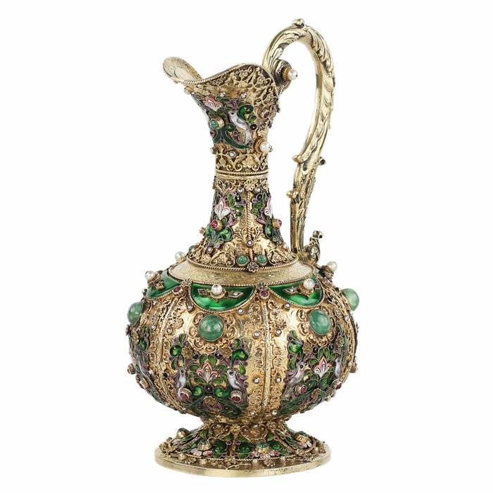 Cruche en argent exquise avec émail et pierres naturelles. Empire austro-hongrois du XIXe siècle. 
