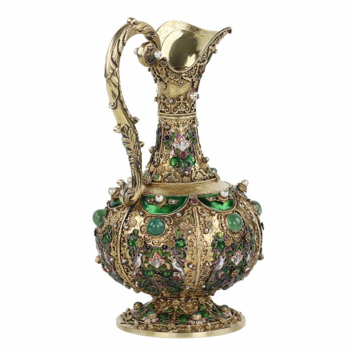 Cruche en argent exquise avec émail et pierres naturelles. Empire austro-hongrois du XIXe siècle. 