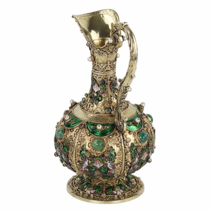 Cruche en argent exquise avec émail et pierres naturelles. Empire austro-hongrois du XIXe siècle. 
