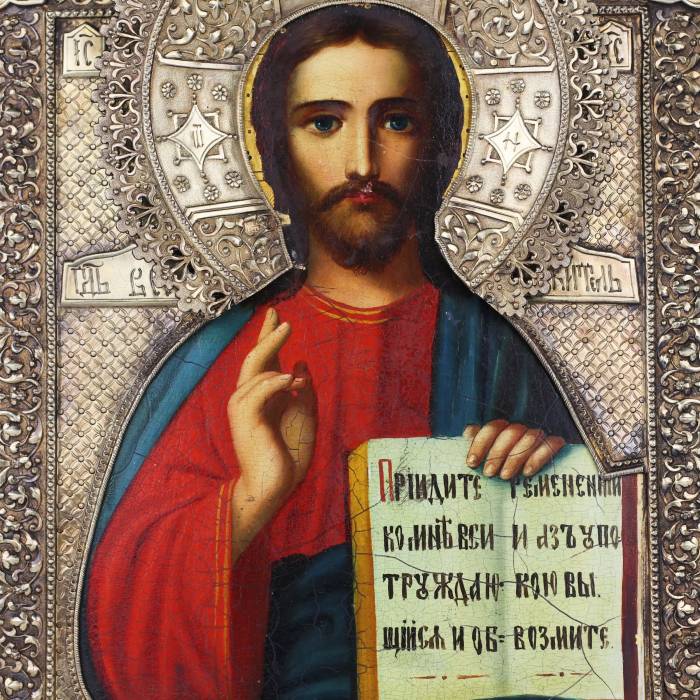 Icon Christ Pantocrator with a silver oklad by Ivan Semyonovich Gubkin`s factory Moscow, 1865