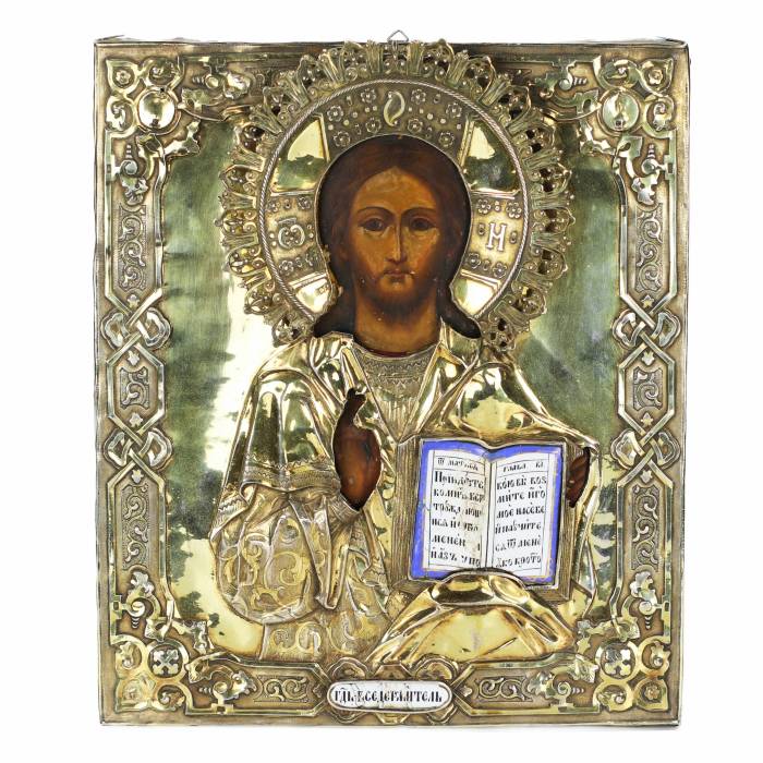 Antique image of the Lord Almighty in a silver gilded frame. Russian Empire, Moscow, 1859. 
