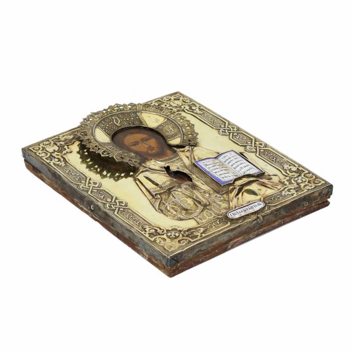 Antique image of the Lord Almighty in a silver gilded frame. Russian Empire, Moscow, 1859. 