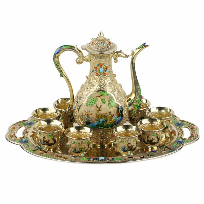 Chinese antique gilt silver enamel tea set. 20th century 