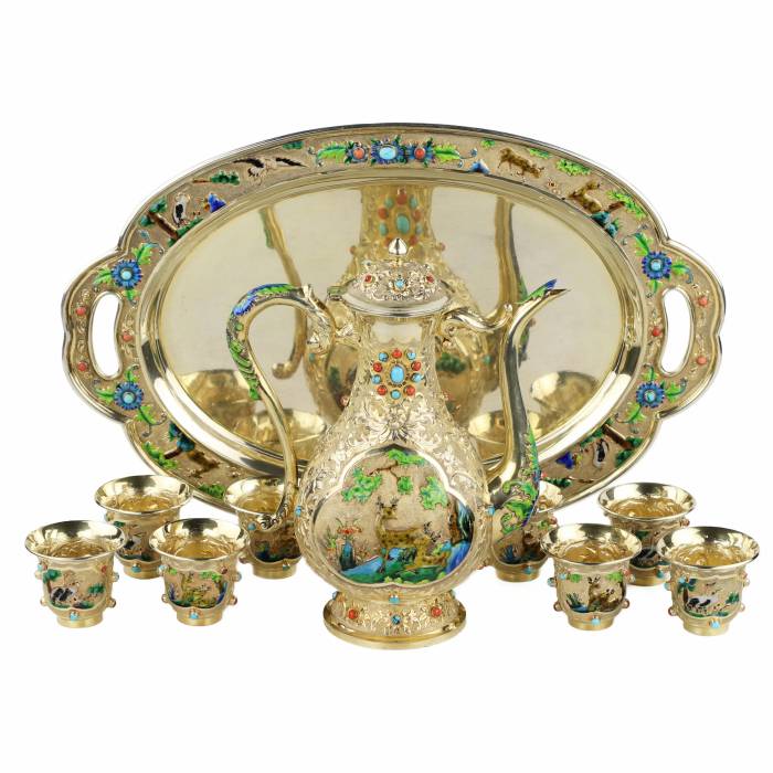 Service à thé chinois ancien en argent avec émail. 20 ans