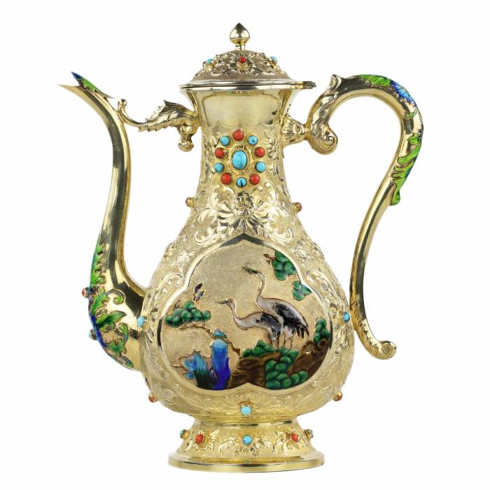 Service à thé chinois ancien en argent avec émail. 20 ans
