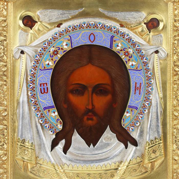 THE HOLY MANDYLION (SPAS NERUKOTVORNY) IN A SILVER-GILT ENAMELLED OKLAD BY IVAN TARABROV. MOSCOW, 1894