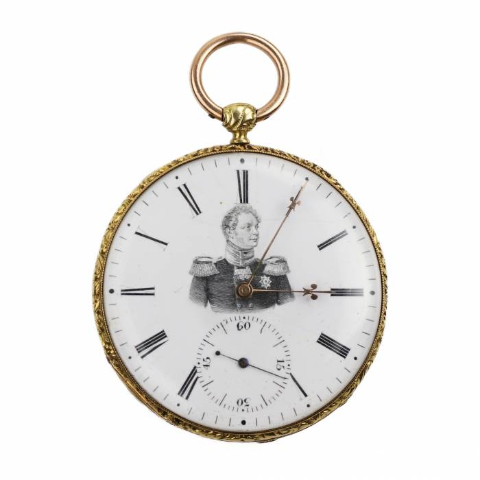 POCKET WATCH IN A GOLD CASE WITH A PORTRAIT OF EMPEROR ALEXANDER I. COURVOISIER FILS. CHAUX-DE-FONDS, SWITZERLAND, CIRCA 1815–1825