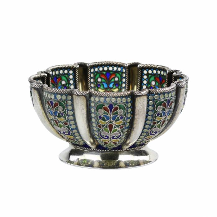 Russian silver bowl with stained glass enamel. Khlebnikov company. Moscow, early 20th century 