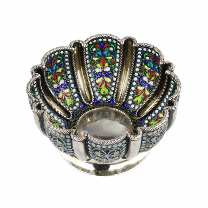 Russian silver bowl with stained glass enamel. Khlebnikov company. Moscow, early 20th century 