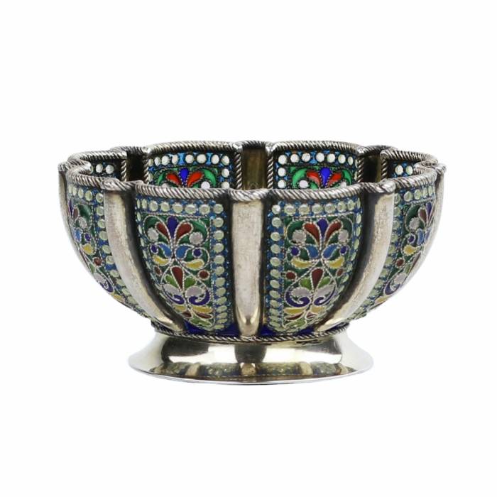 Russian silver bowl with stained glass enamel. Khlebnikov company. Moscow, early 20th century 