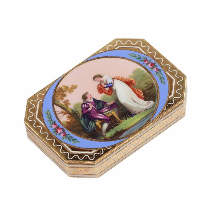 SWISS ENAMEL TOBACCO BOX IN 14K GOLD WITH MINIATURE, GENEVA, 19TH CENTURY