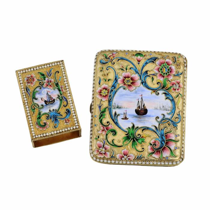 SILVER CIGARETTE CASE AND MATCHBOX WITH CLOISONNÉ ENAMEL.MOSCOW, MASTER V. AKIMOV, 1899–1908