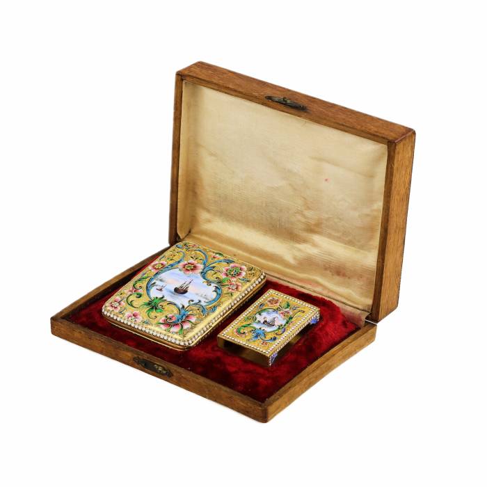 SILVER CIGARETTE CASE AND MATCHBOX WITH CLOISONNÉ ENAMEL.MOSCOW, MASTER V. AKIMOV, 1899–1908