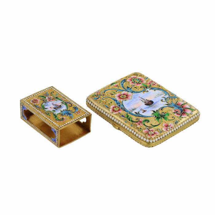 SILVER CIGARETTE CASE AND MATCHBOX WITH CLOISONNÉ ENAMEL.MOSCOW, MASTER V. AKIMOV, 1899–1908