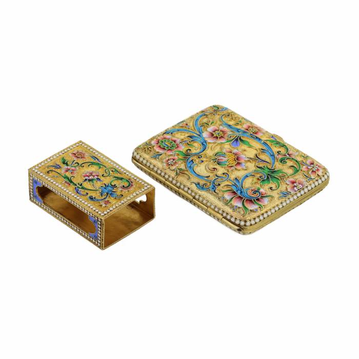 SILVER CIGARETTE CASE AND MATCHBOX WITH CLOISONNÉ ENAMEL.MOSCOW, MASTER V. AKIMOV, 1899–1908