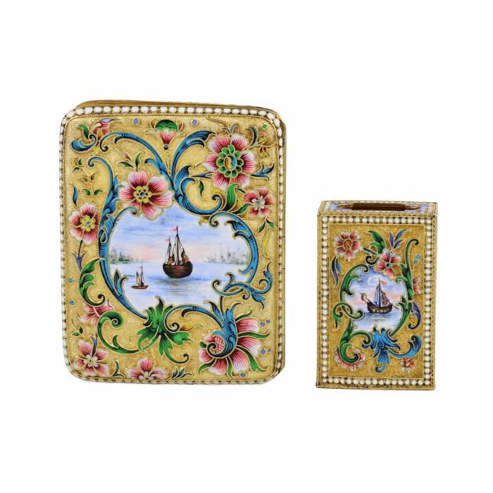 SILVER CIGARETTE CASE AND MATCHBOX WITH CLOISONNÉ ENAMEL.MOSCOW, MASTER V. AKIMOV, 1899–1908