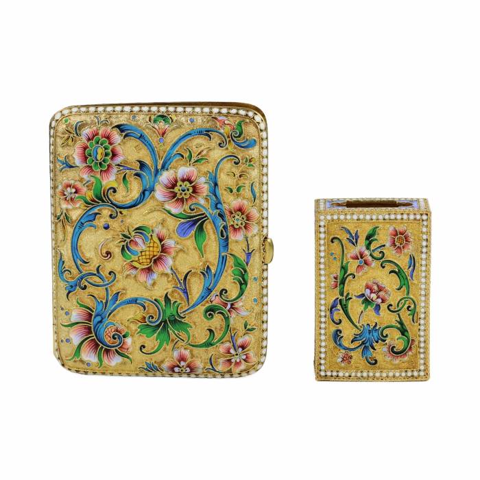 SILVER CIGARETTE CASE AND MATCHBOX WITH CLOISONNÉ ENAMEL.MOSCOW, MASTER V. AKIMOV, 1899–1908