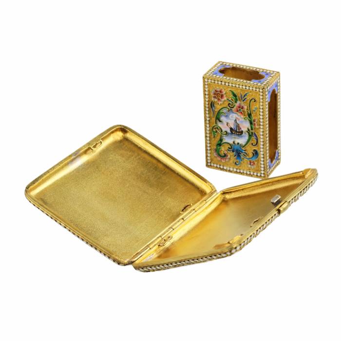SILVER CIGARETTE CASE AND MATCHBOX WITH CLOISONNÉ ENAMEL.MOSCOW, MASTER V. AKIMOV, 1899–1908