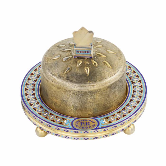 SILVER BUTTER DISH IN THE FORM OF A FESTIVE LOAF WITH SALT THRONE PAVEL OVCHINNIKOV FIRM, MOSCOW, 1896