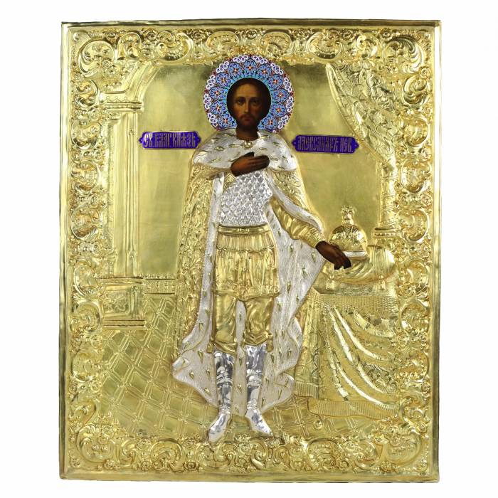 ICON OF SAINT BLESSED PRINCE ALEXANDER NEVSKY IN A SILVER OKLAD WITH ENAMELS. RUSSIA, 1895