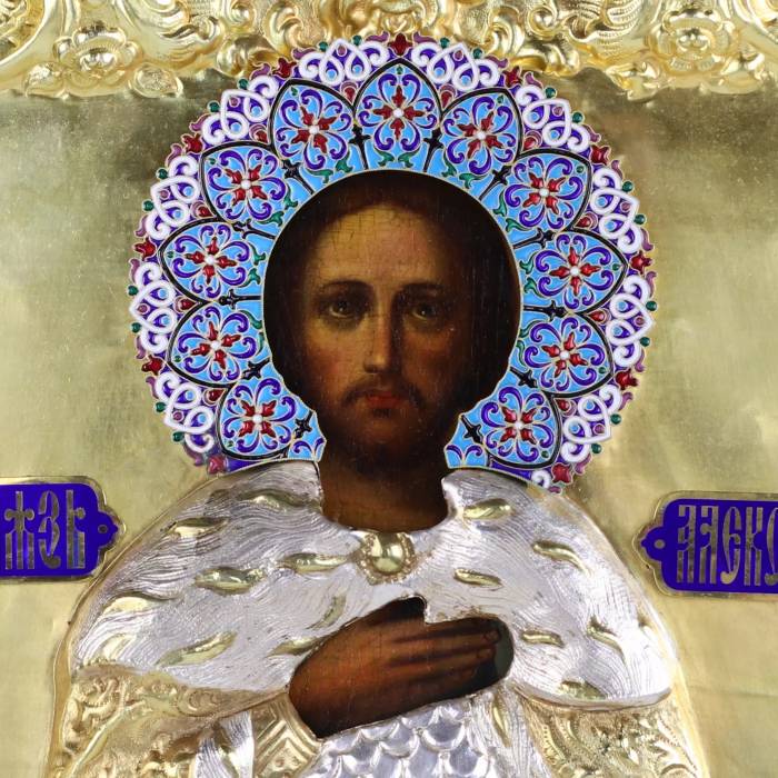 ICON OF SAINT BLESSED PRINCE ALEXANDER NEVSKY IN A SILVER OKLAD WITH ENAMELS. RUSSIA, 1895
