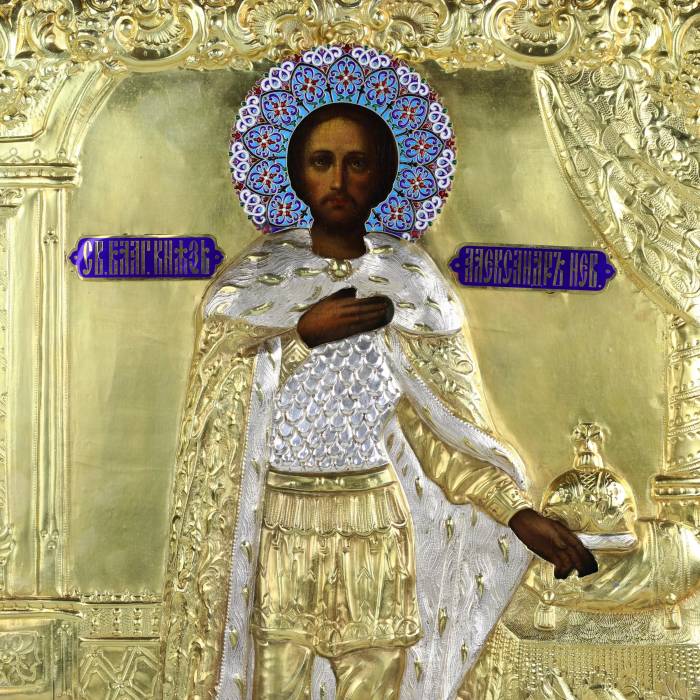 ICON OF SAINT BLESSED PRINCE ALEXANDER NEVSKY IN A SILVER OKLAD WITH ENAMELS. RUSSIA, 1895