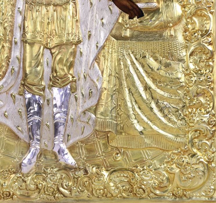 ICON OF SAINT BLESSED PRINCE ALEXANDER NEVSKY IN A SILVER OKLAD WITH ENAMELS. RUSSIA, 1895