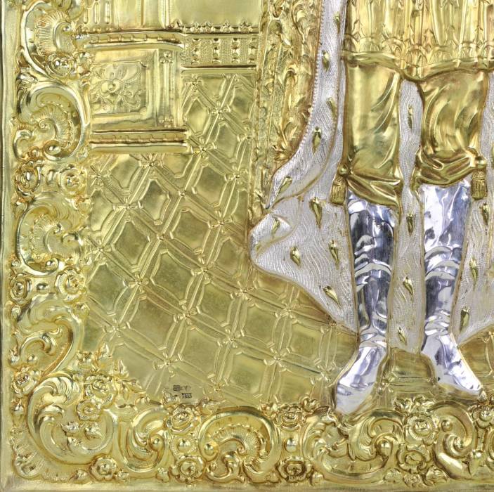 ICON OF SAINT BLESSED PRINCE ALEXANDER NEVSKY IN A SILVER OKLAD WITH ENAMELS. RUSSIA, 1895