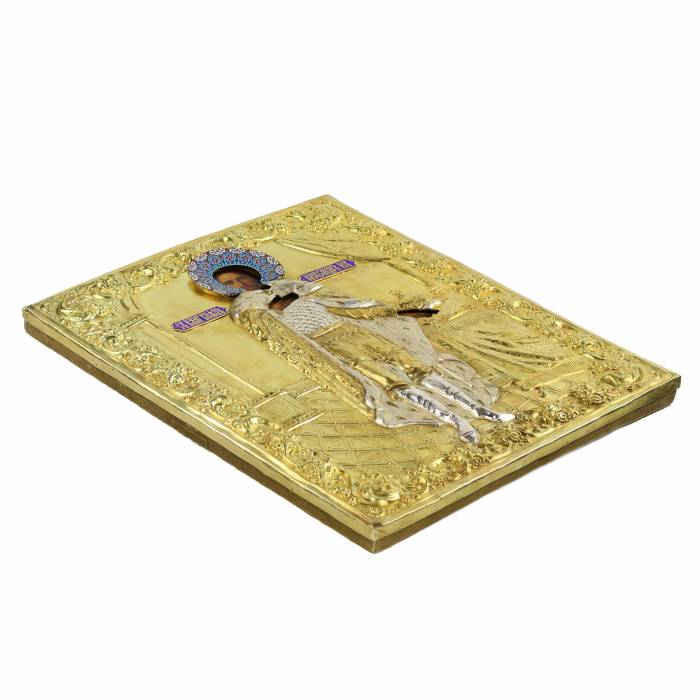 ICON OF SAINT BLESSED PRINCE ALEXANDER NEVSKY IN A SILVER OKLAD WITH ENAMELS. RUSSIA, 1895