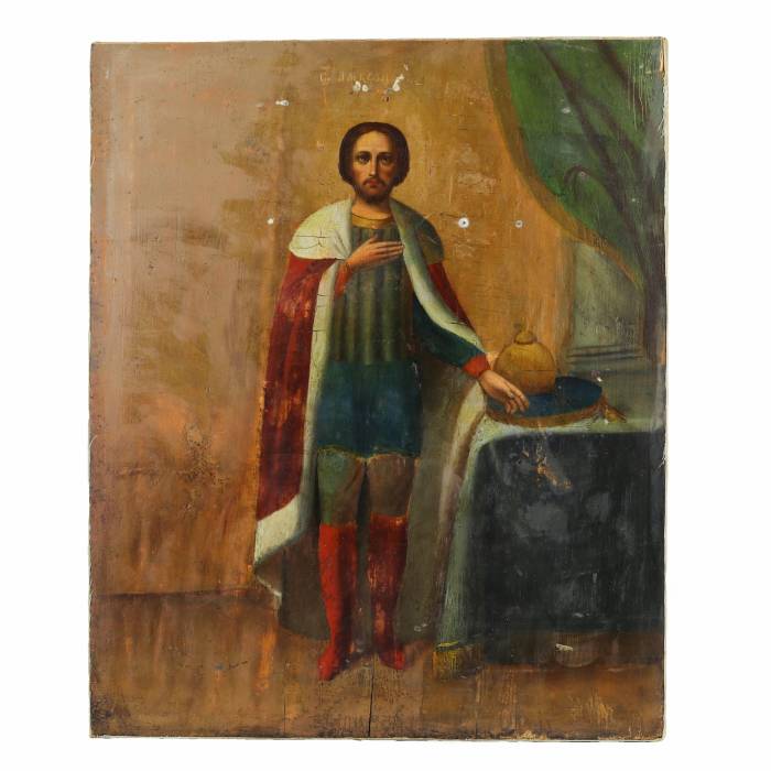 ICON OF SAINT BLESSED PRINCE ALEXANDER NEVSKY IN A SILVER OKLAD WITH ENAMELS. RUSSIA, 1895