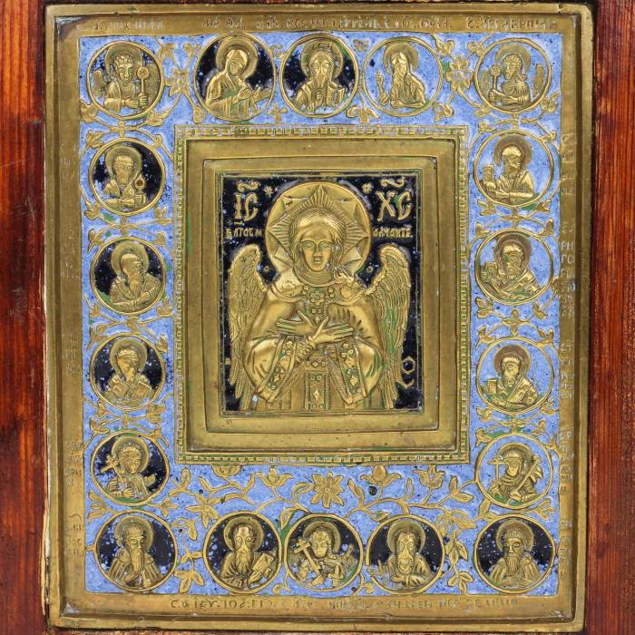 ICÔNE EN BRONZE COULÉ “LE CHRIST DU SAINT SILENCE” AVEC SAINTS SÉLECTIONNÉS RUSSIE, FIN DU XIXe SIÈCLE