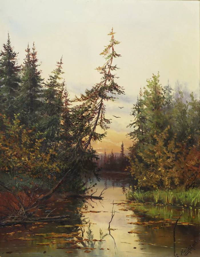 LANDSCAPE WITH A POND IN EVENING LIGHT. A. KONSTANTINOVA RUSSIA, SECOND HALF OF THE 19TH CENTURY