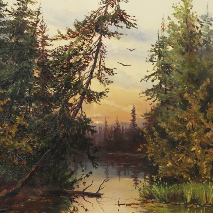 LANDSCAPE WITH A POND IN EVENING LIGHT. A. KONSTANTINOVA RUSSIA, SECOND HALF OF THE 19TH CENTURY
