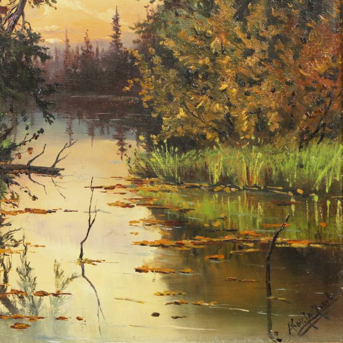 LANDSCAPE WITH A POND IN EVENING LIGHT. A. KONSTANTINOVA RUSSIA, SECOND HALF OF THE 19TH CENTURY